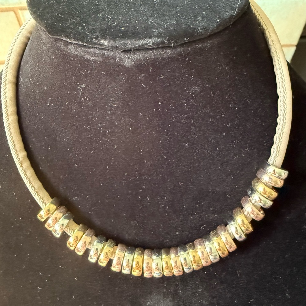 Leather Gold, Copper and Silver Beaded Necklace